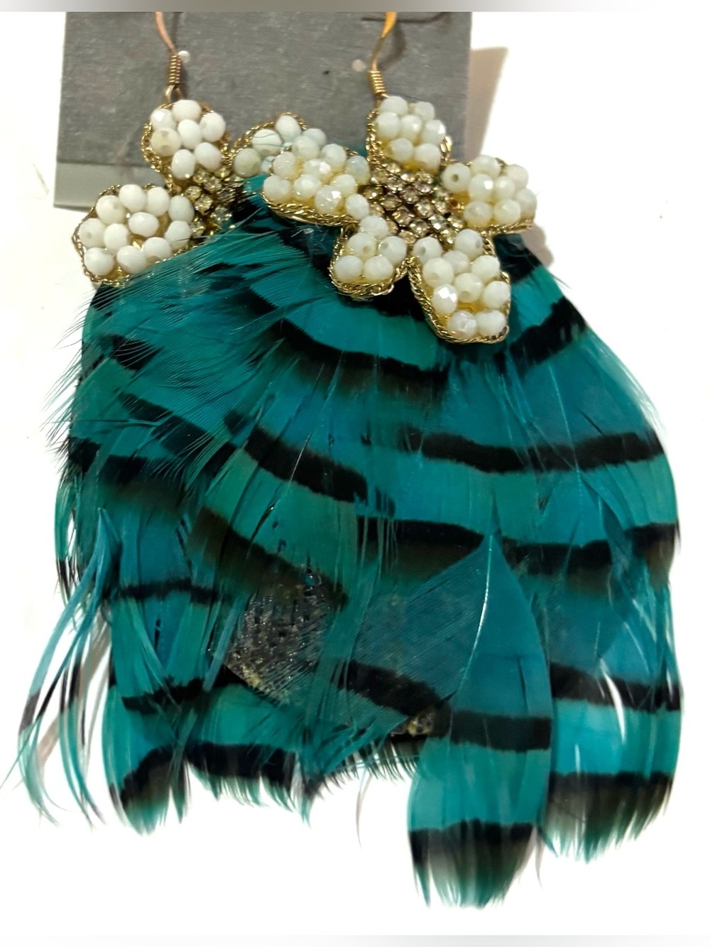 Teal Feather Drop Earrings with White Beaded Flower